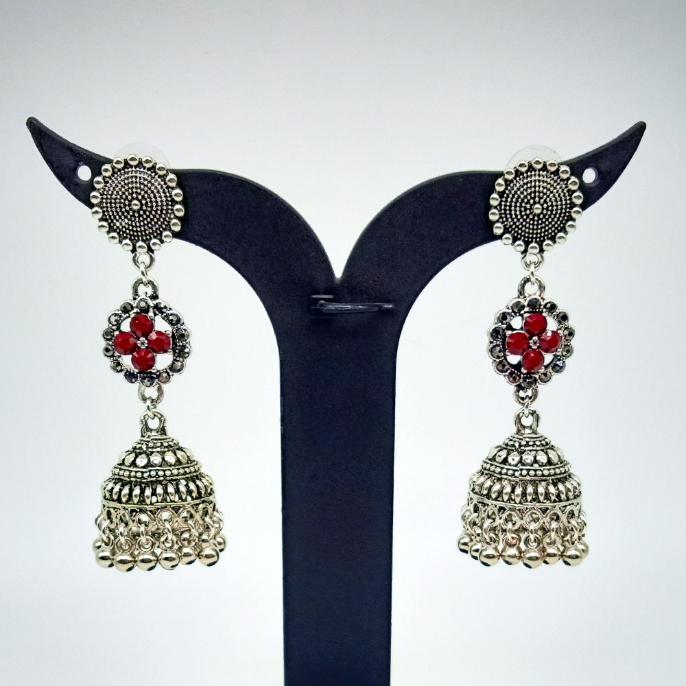 Oxidized Silver Earnings  with Red Colour Stones